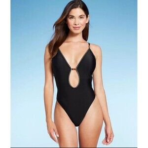 NWT Shade & Shore Black Plunge Bead Detail Extra High Leg One Piece Swimsuit